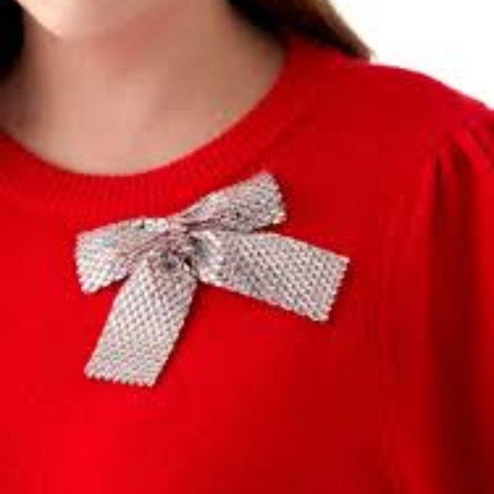 CeCe Rhinestone Bow Detail Cozy Red Sweater Woman's Size Large - Picture 3 of 13